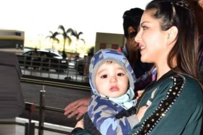 Sunny Leone spotted with her twins and a bright smile at the Mumbai airport