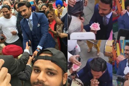 Ranveer Singh gives flower to elderly woman video viral in Southall London met fans 83 The Film Kapil Dev Biopic